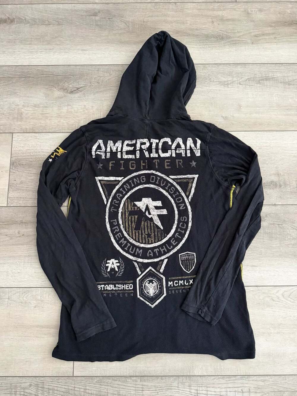American Fighter Men's Black Thermal Long Sleeve Henley Hoodie Graphic T-Shirt